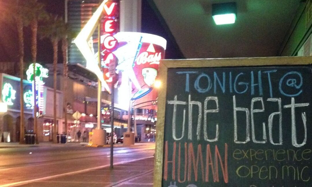 sandwich board sign for The Human Experience in Las Vegas