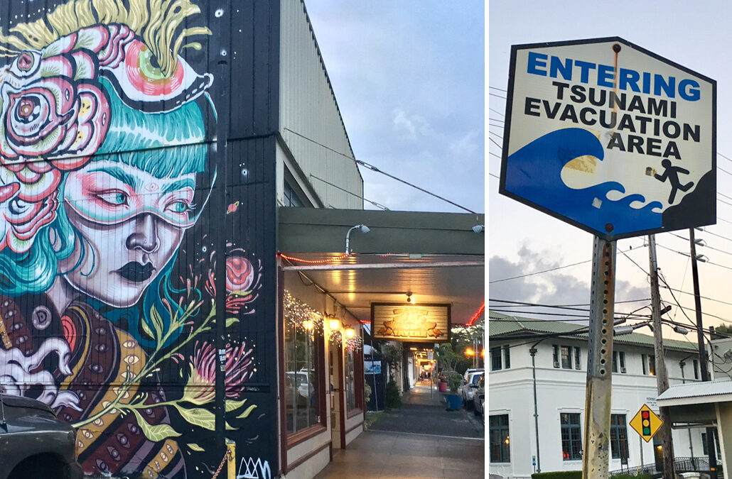 mural outside Hilotown Tavern and a tsunami evacuation sign