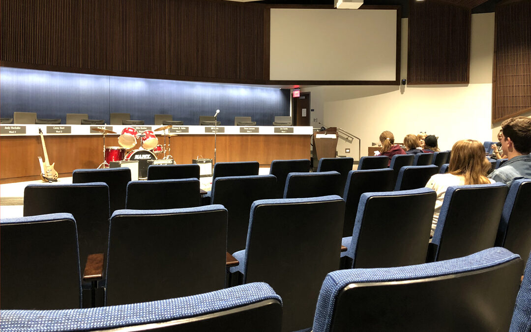 the makeshift open mic stage at Lenexa City Hall