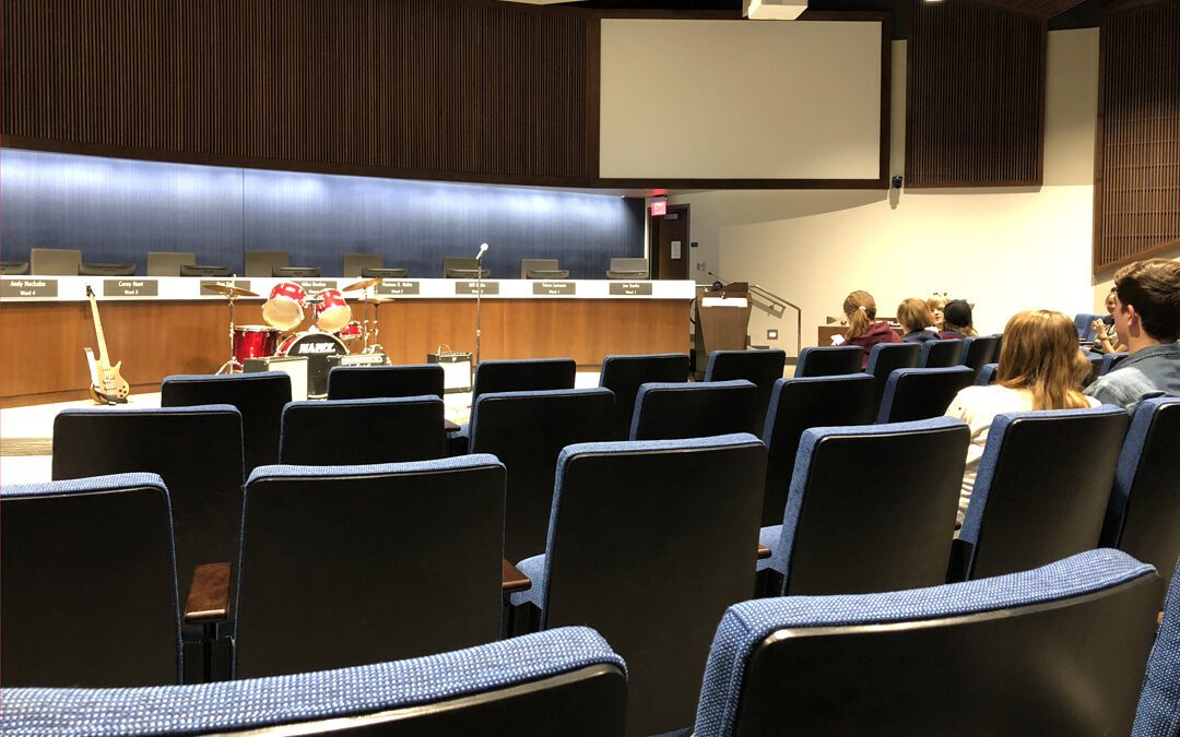 the makeshift open mic stage at Lenexa City Hall