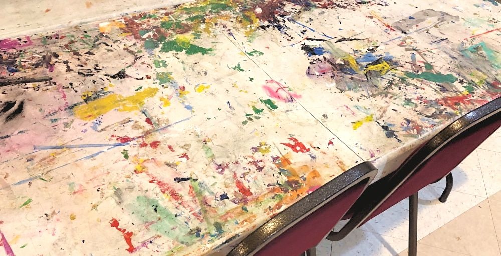 tables with paint splatter