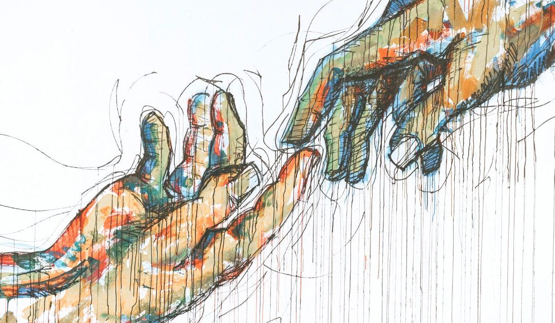 Drawing of 2 colorful hands touching. Photo by Claudio Schwarz on Unsplash
